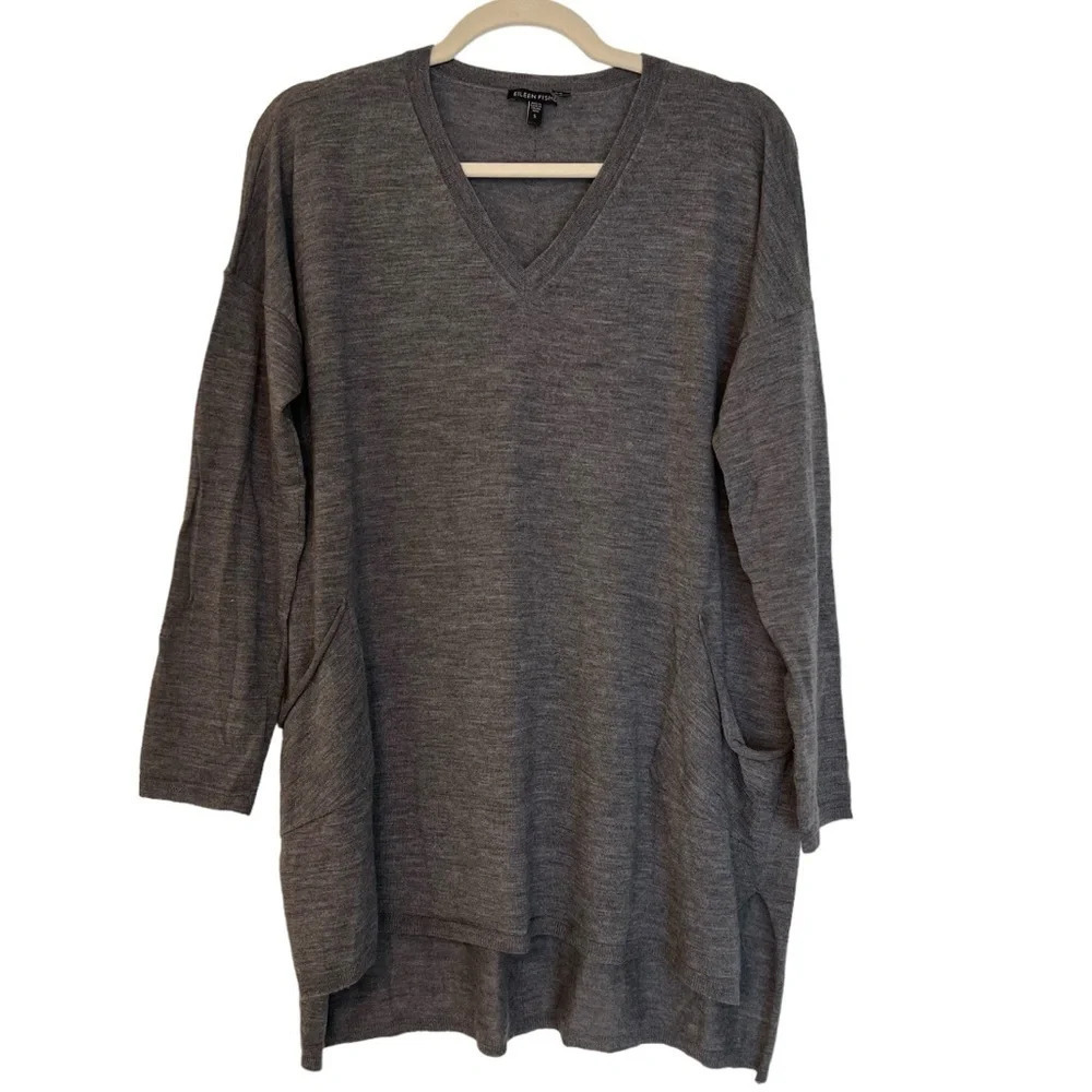 Eileen Fisher Merino Wool V Neck Tunic Sweater Charcoal Grey Small Relaxed Cozy